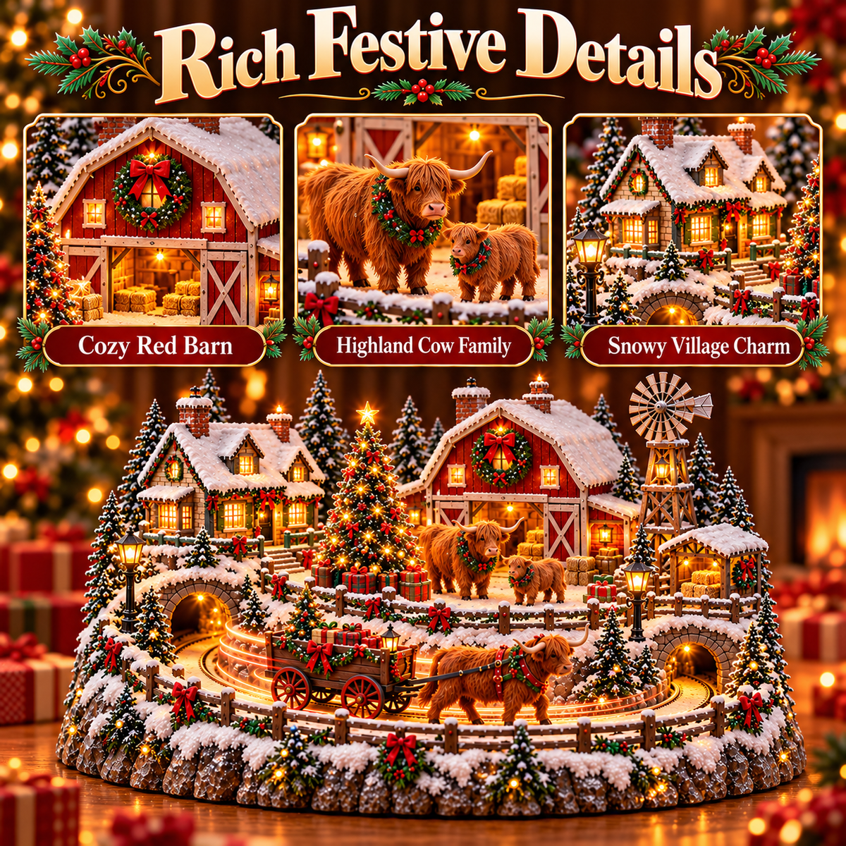 Highland Cow red barn windmill and Christmas farm details