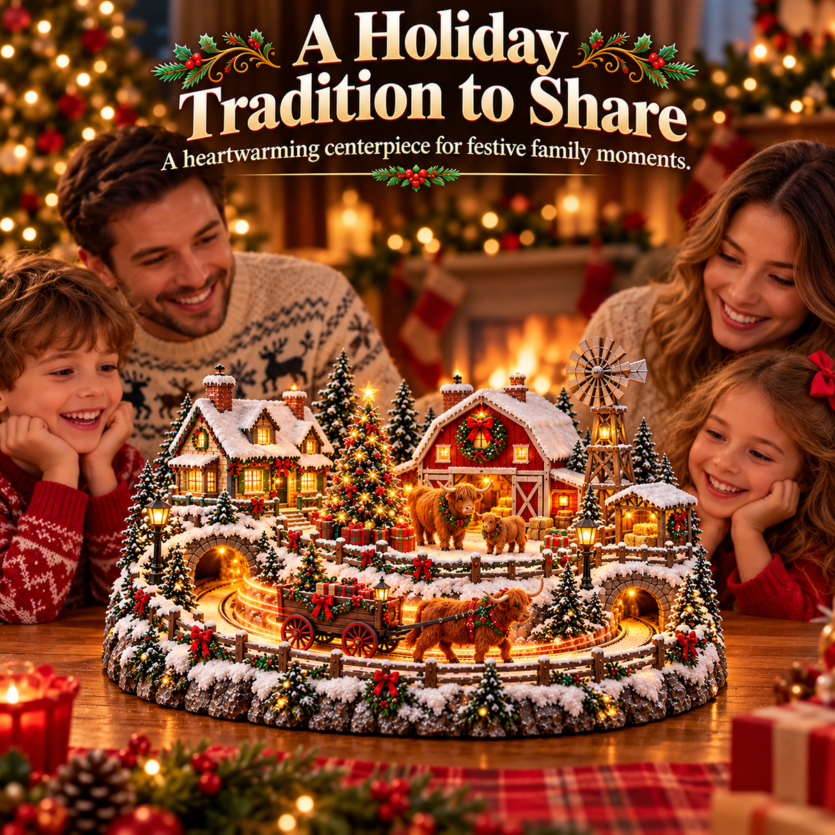 Family enjoying Highland Cow Christmas village