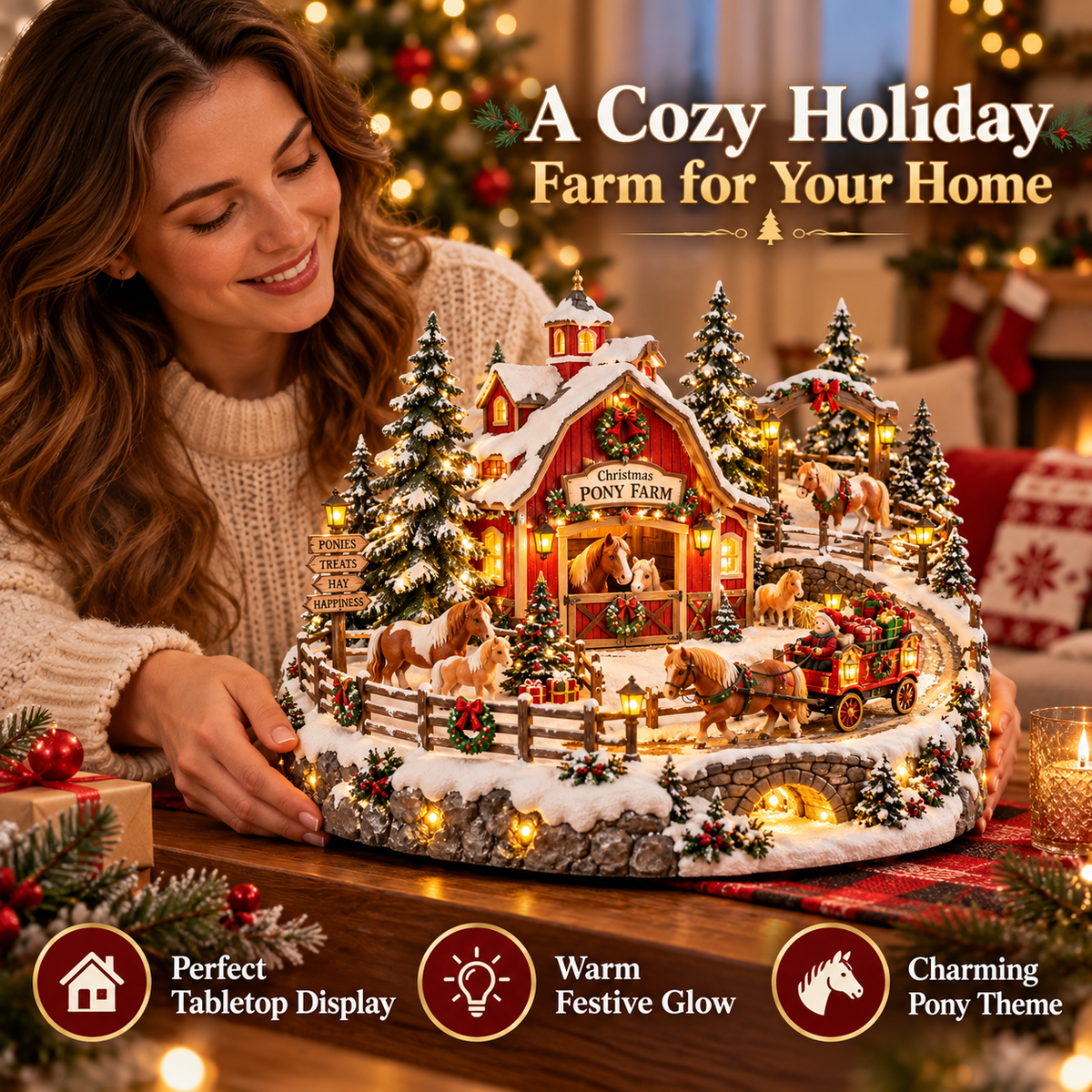 Christmas Pony Farm Village displayed as a holiday centerpiece