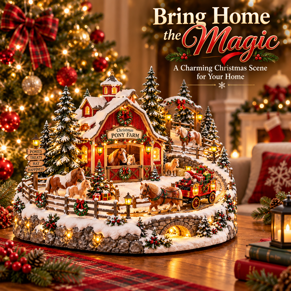 Warm illuminated Christmas Pony Farm Village