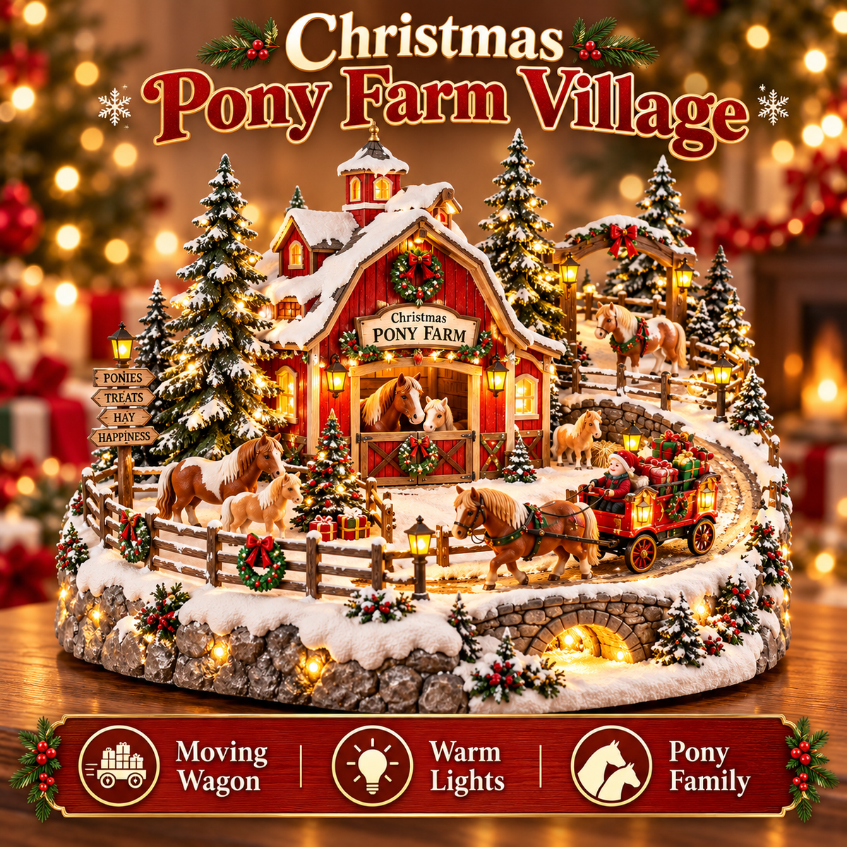 Animated Christmas Pony Farm Village with pony family and glowing red barn