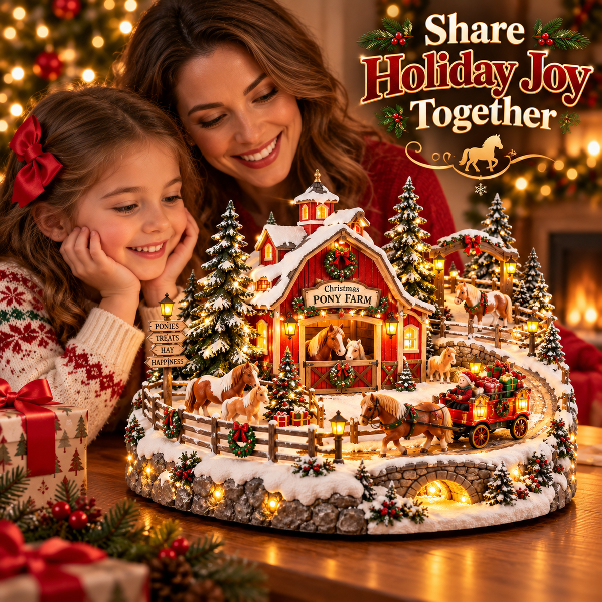 Family enjoying animated Christmas Pony Farm Village