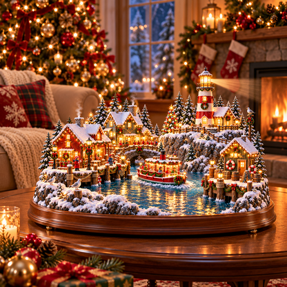 ⚓ Christmas Lighthouse Harbor Village – Moving Boat & Warm Lights
