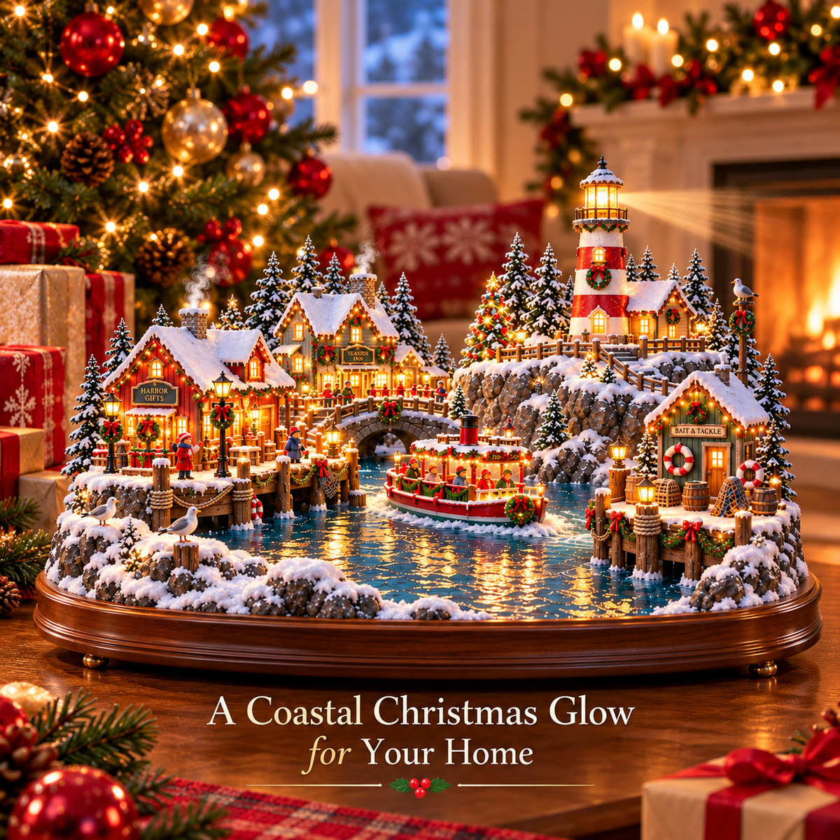 ⚓ Christmas Lighthouse Harbor Village – Moving Boat & Warm Lights