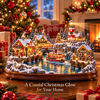 ⚓ Christmas Lighthouse Harbor Village – Moving Boat & Warm Lights