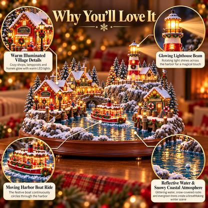 ⚓ Christmas Lighthouse Harbor Village – Moving Boat & Warm Lights