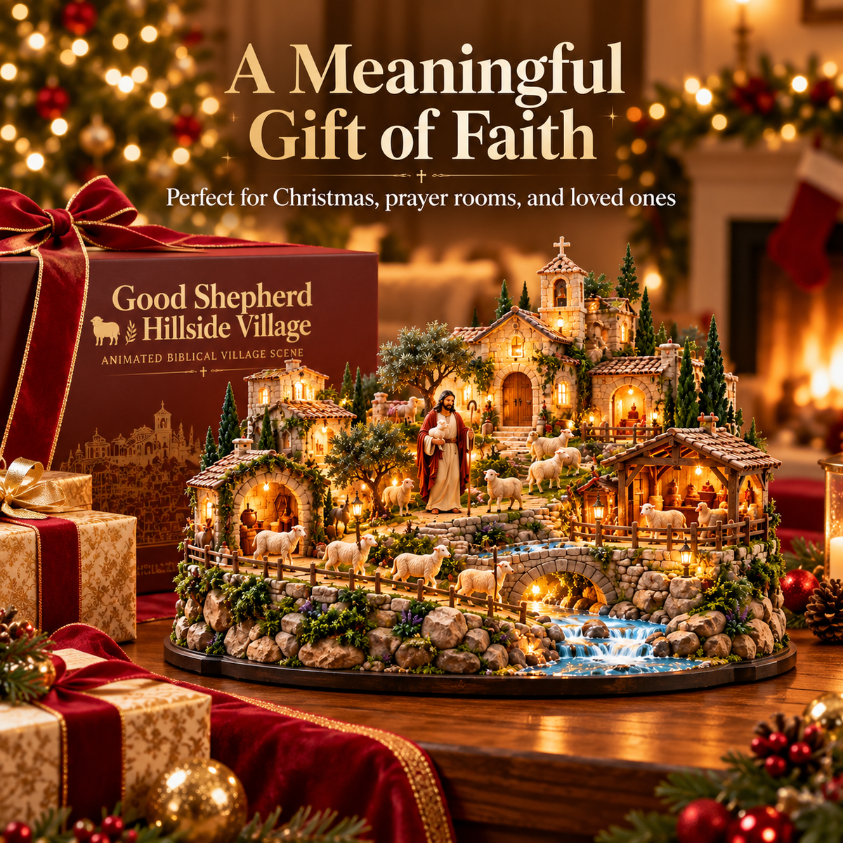 ✝️ Good Shepherd Hillside Village – Lighted Faith-Inspired Tabletop Scene