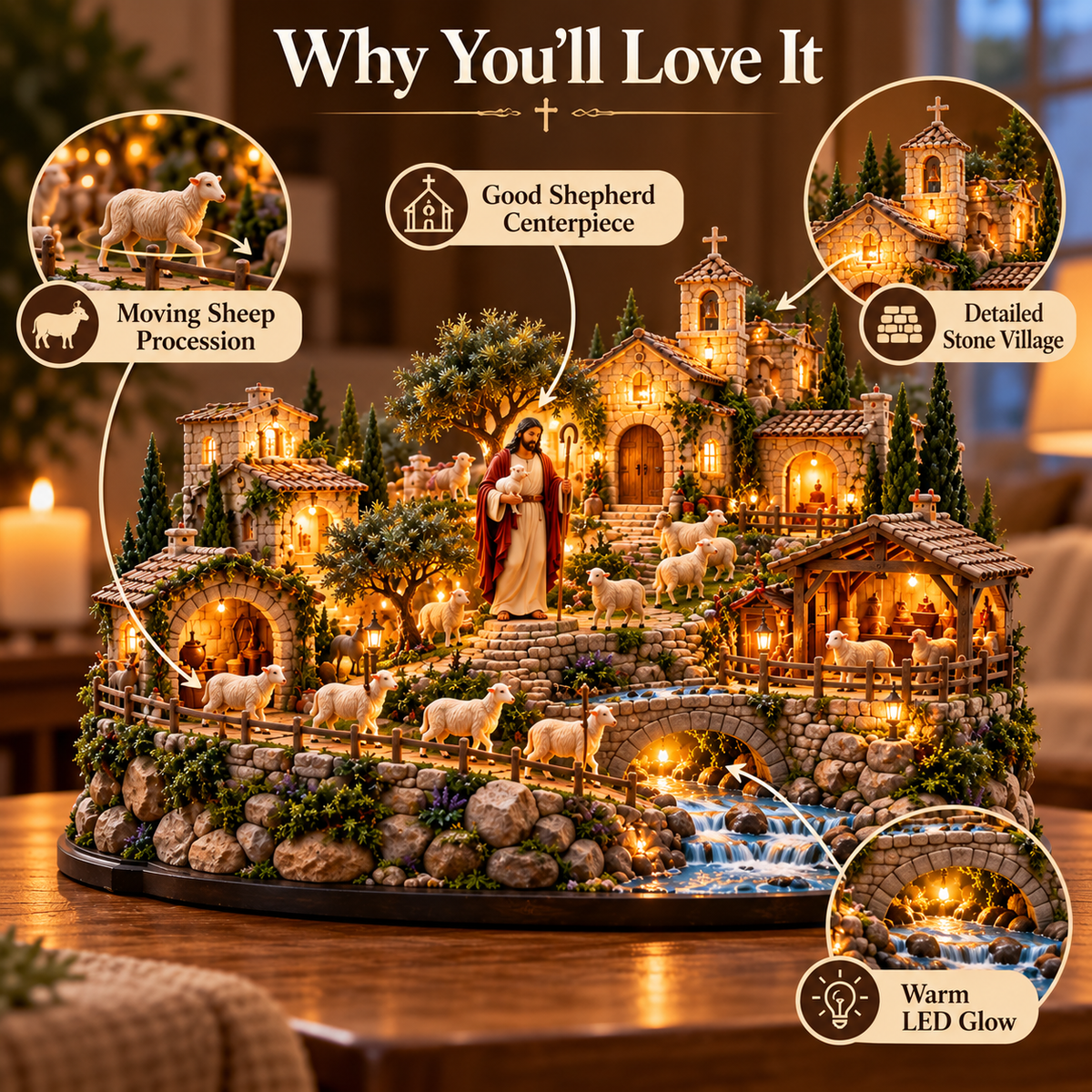 ✝️ Good Shepherd Hillside Village – Lighted Faith-Inspired Tabletop Scene