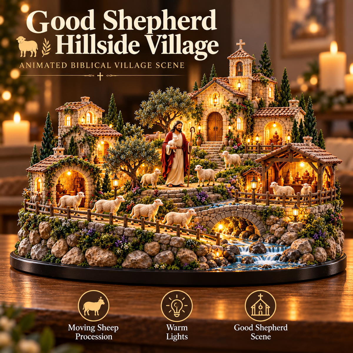 ✝️ Good Shepherd Hillside Village – Lighted Faith-Inspired Tabletop Scene
