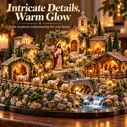 ✝️ Good Shepherd Hillside Village – Lighted Faith-Inspired Tabletop Scene