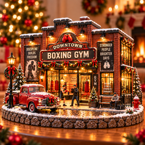 🥊❄️ Old-School Boxing Gym™ – Vintage Lighted Christmas Street Scene