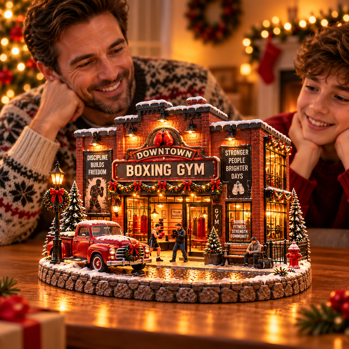 🥊❄️ Old-School Boxing Gym™ – Vintage Lighted Christmas Street Scene