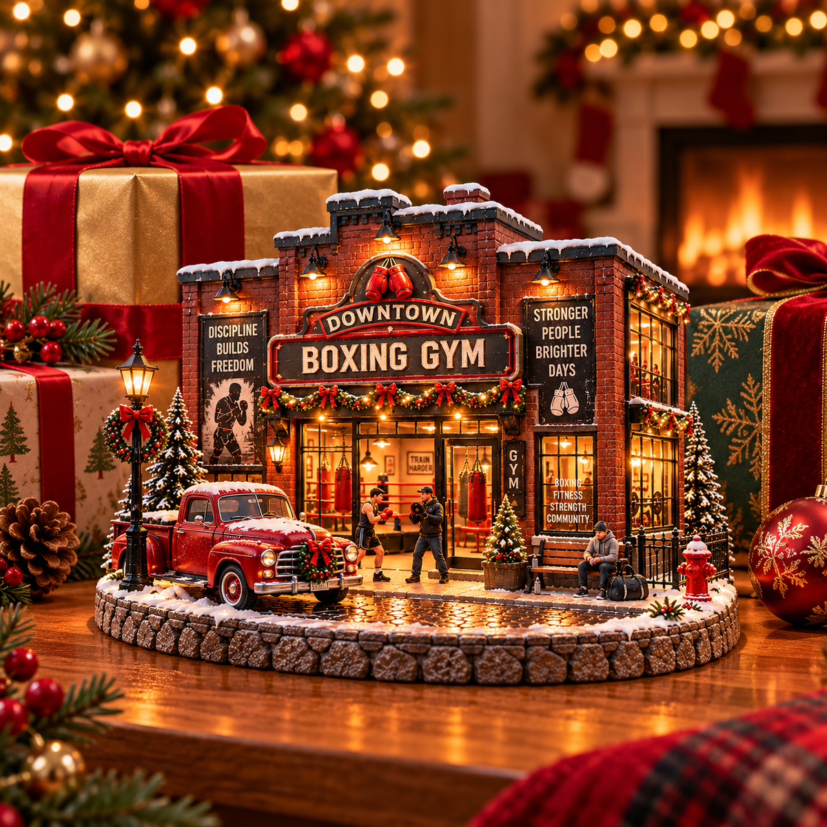 🥊❄️ Old-School Boxing Gym™ – Vintage Lighted Christmas Street Scene