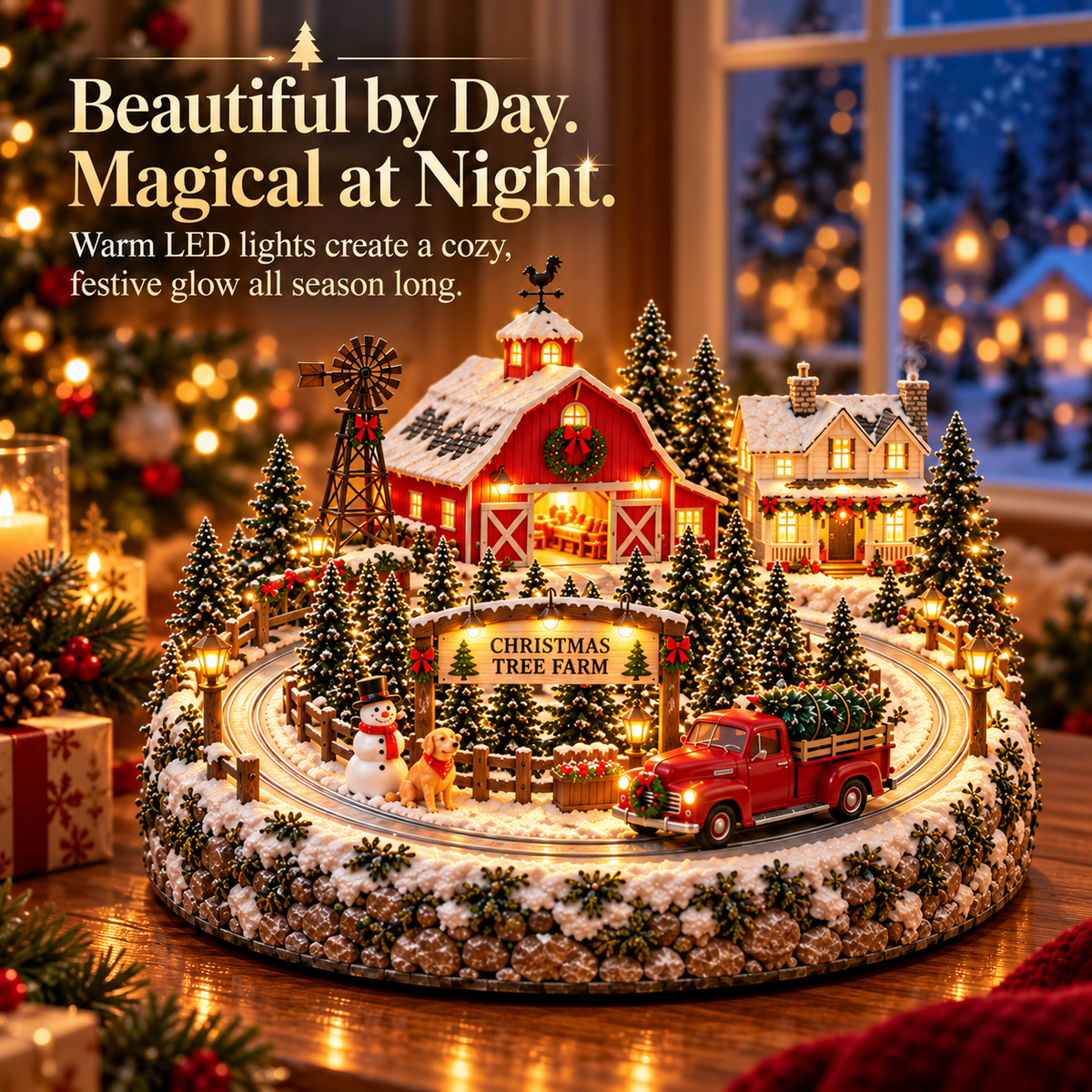 Lighted Christmas Tree Farm Village with red barn and vintage pickup