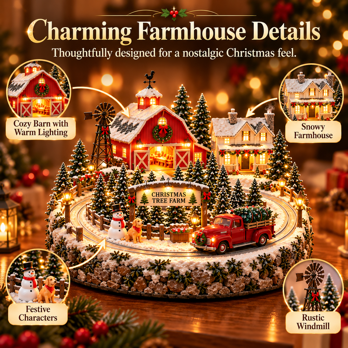 Christmas Tree Farm Village barn farmhouse trees and windmill details