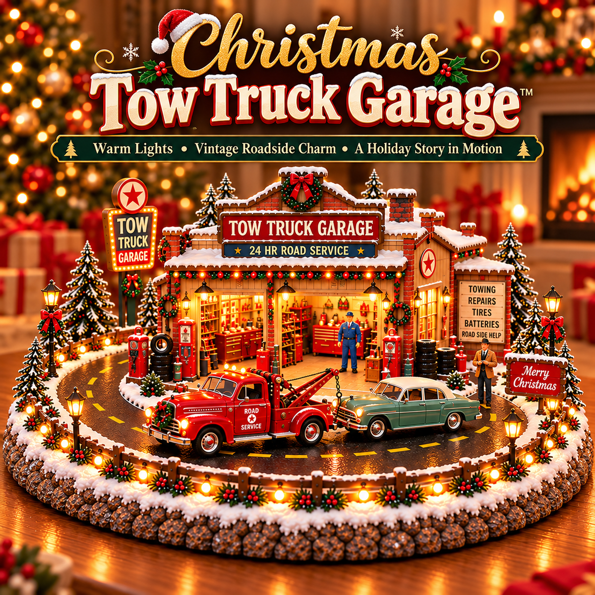 Christmas Tow Truck Garage lighted vintage roadside rescue village