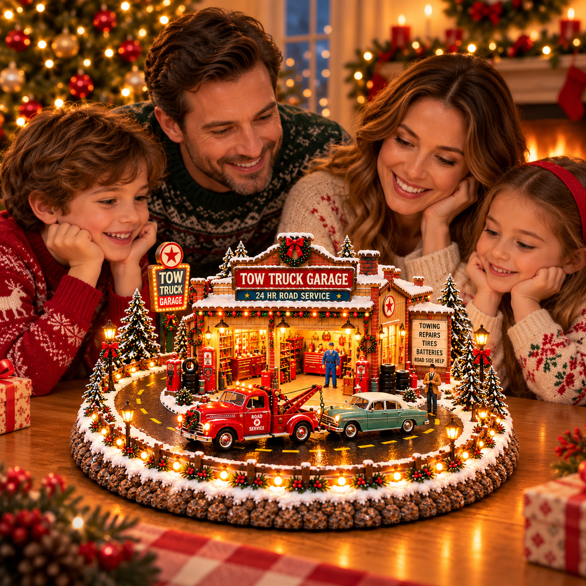 Family enjoying Christmas Tow Truck Garage village