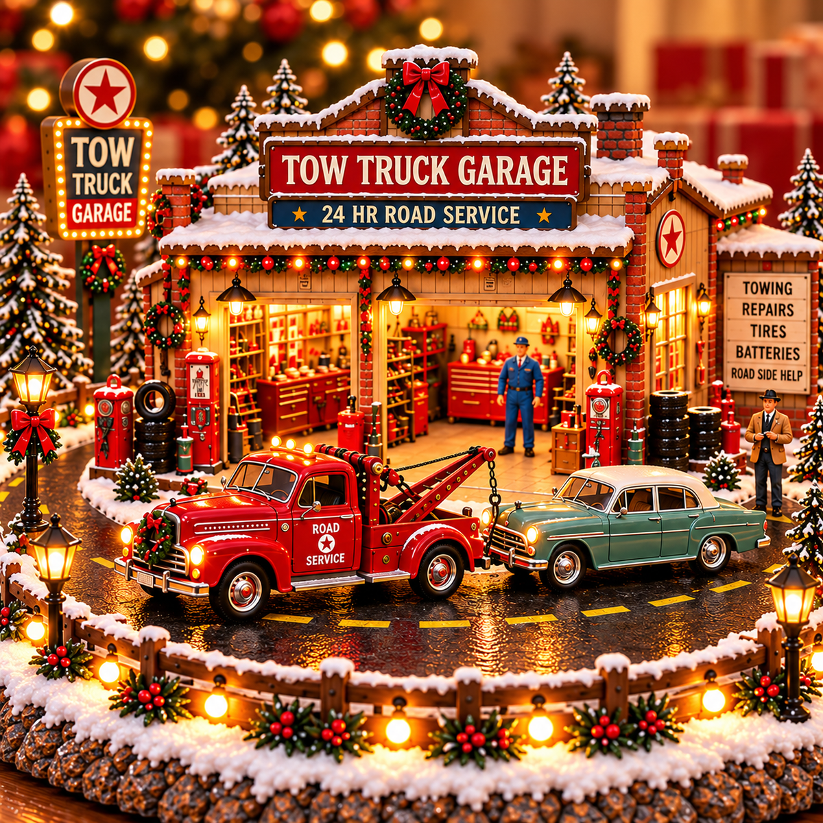 Christmas Tow Truck Garage detailed workshop and vintage vehicles