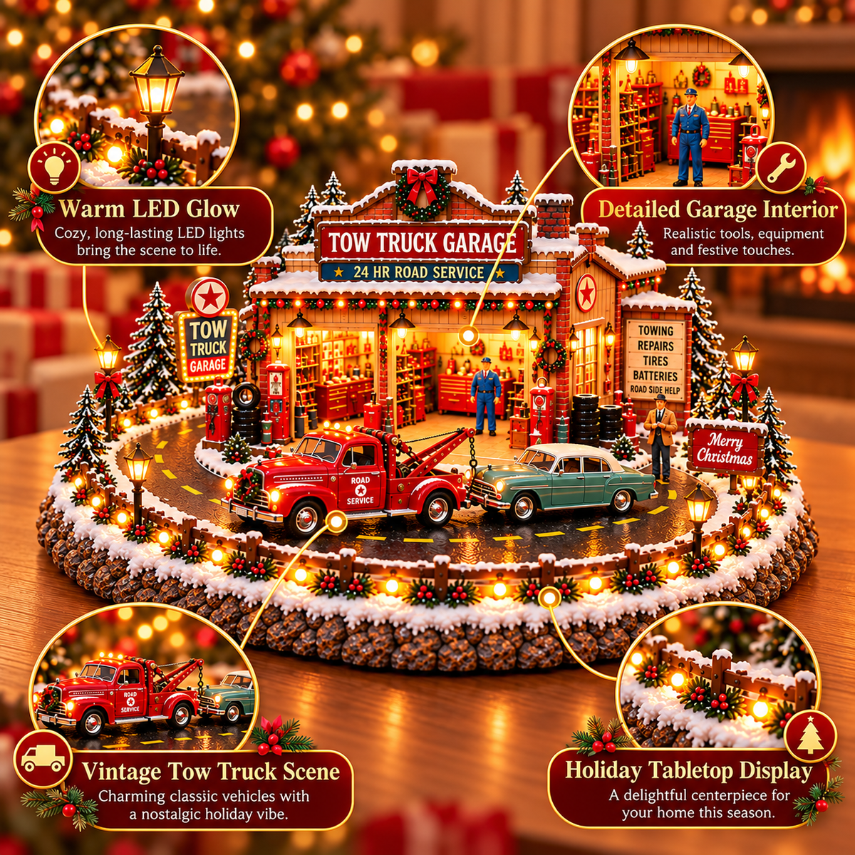 Christmas Tow Truck Garage product feature details