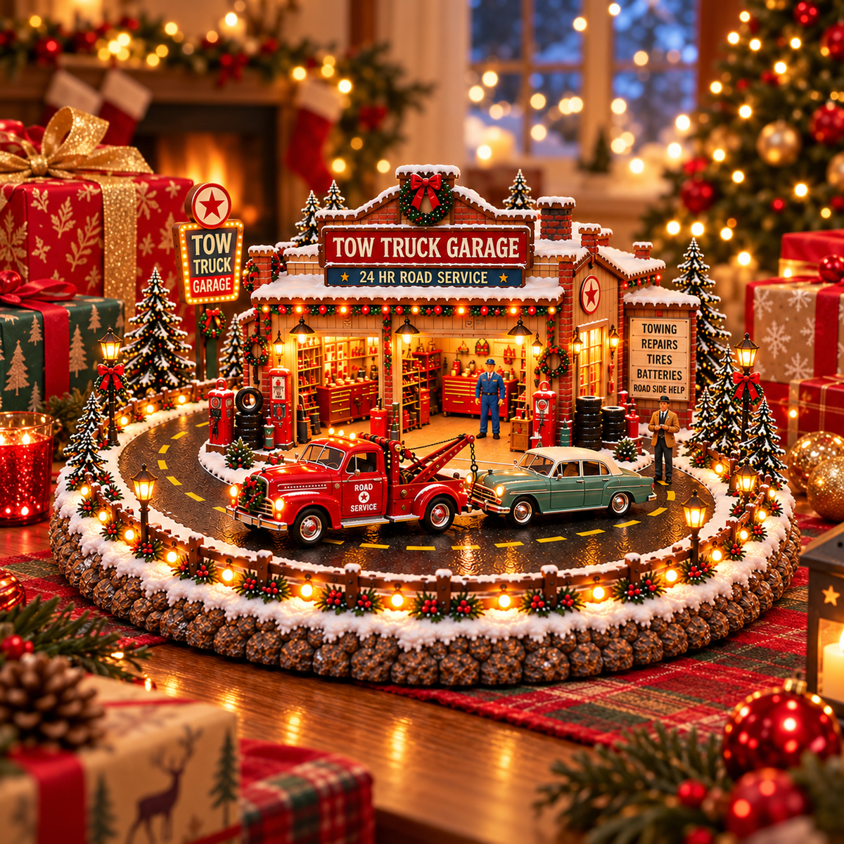 Christmas Tow Truck Garage holiday tabletop display