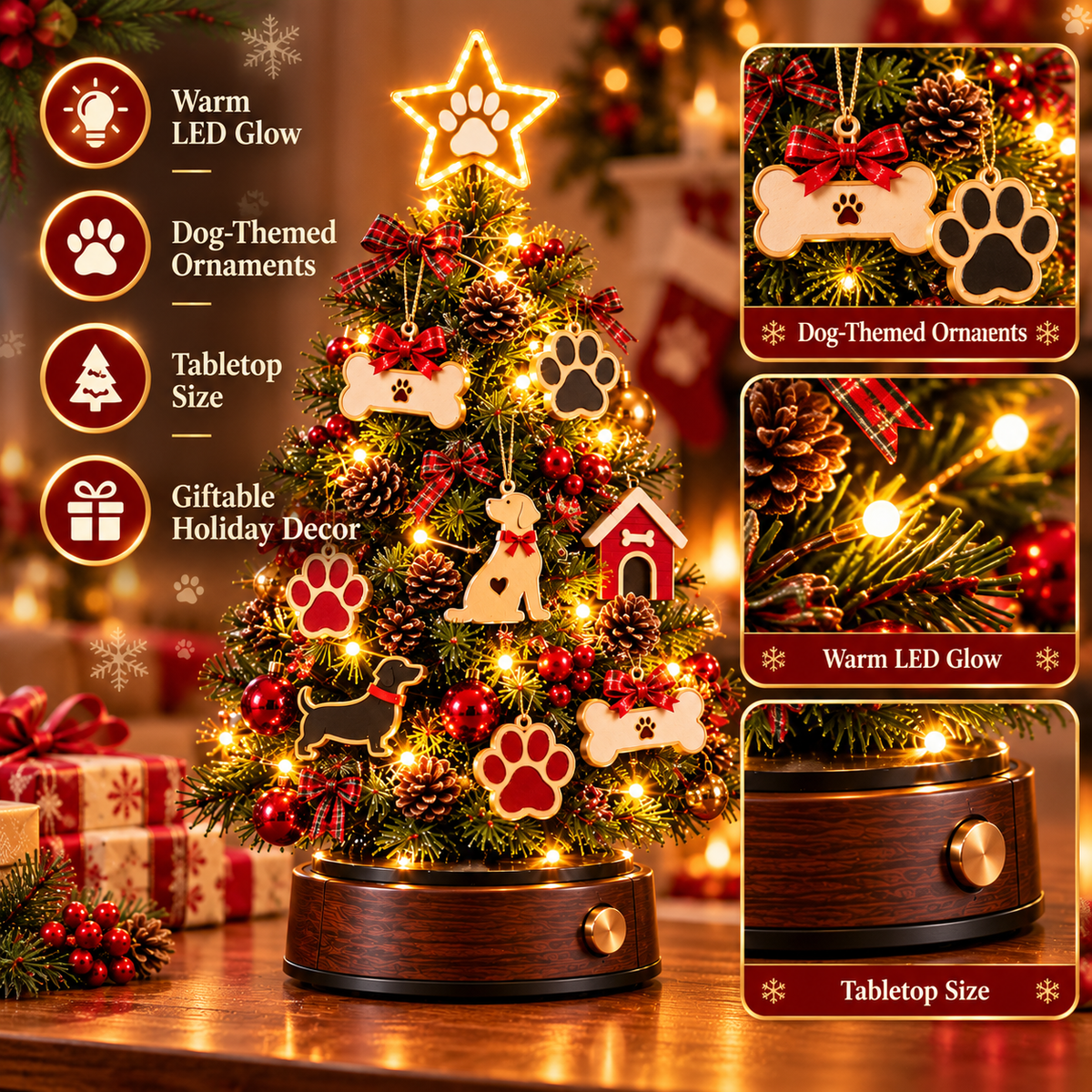 Dog themed Christmas tree ornaments and warm LED lighting
