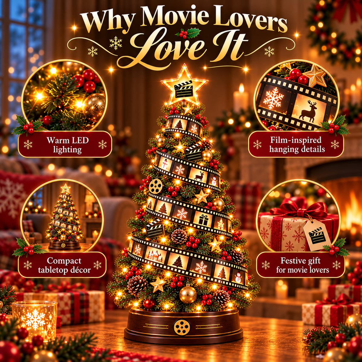 Lighted movie-themed Christmas tree with a decorative film strip spiraling around it