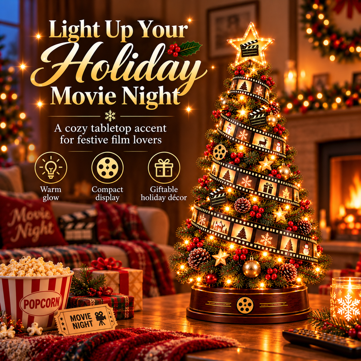 Film strip Christmas tree displayed for a cozy holiday movie night