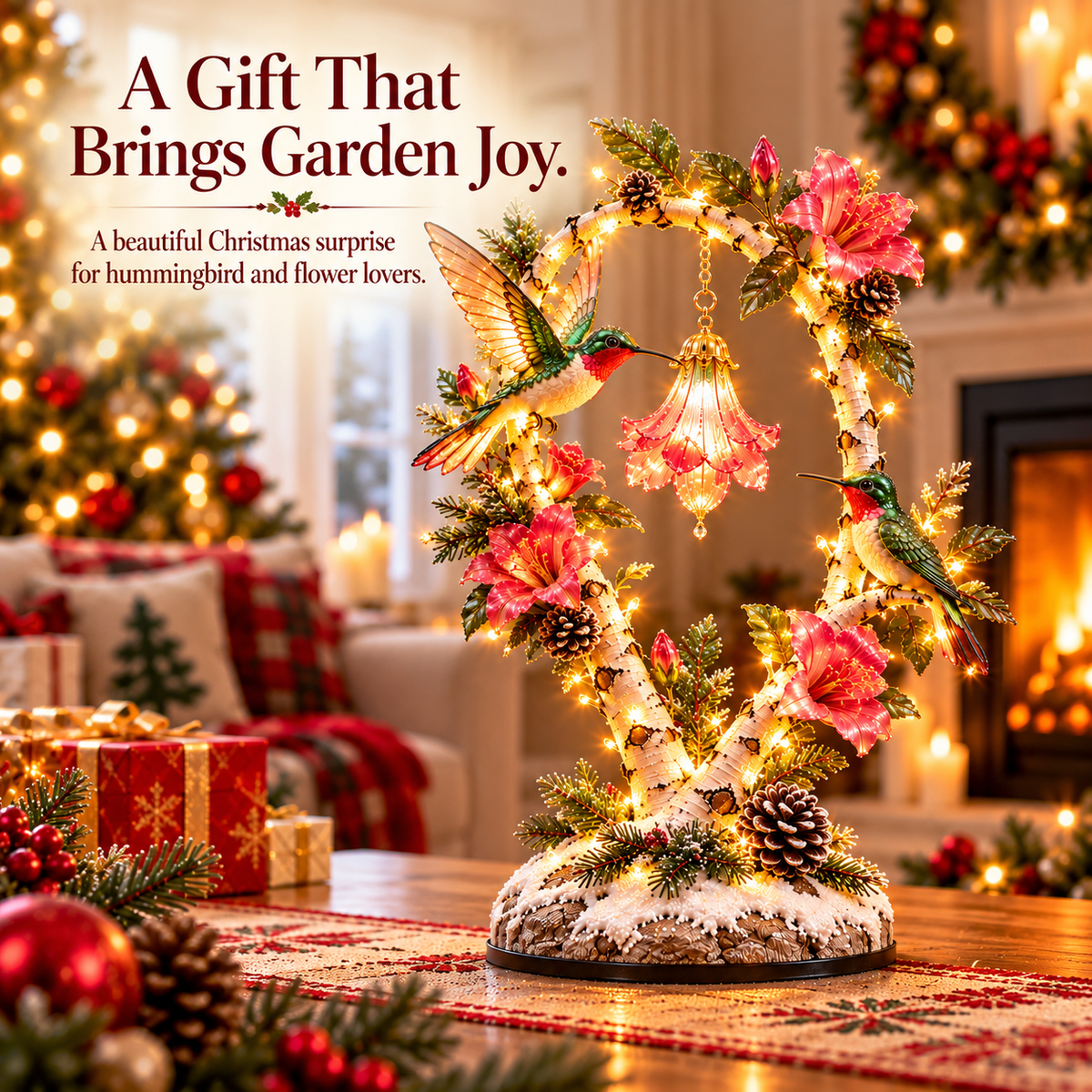 Hummingbird Garden Glow Tree displayed as a Christmas gift for bird lovers