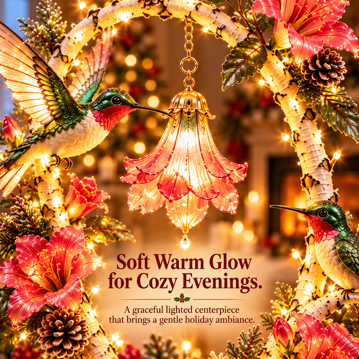 Warm illuminated Hummingbird Garden Glow Tree with floral centerpiece