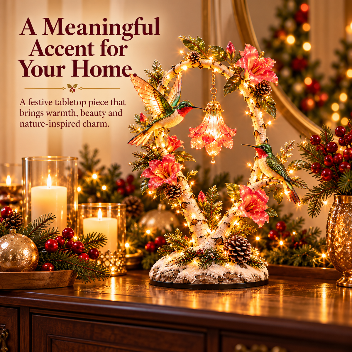 Hummingbird Garden Glow Tree styled on an indoor home display