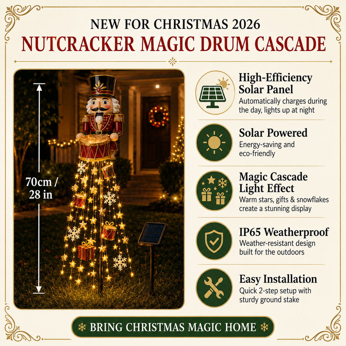 🎖️✨ Nutcracker Magic Drum Cascade Solar Christmas Garden Light