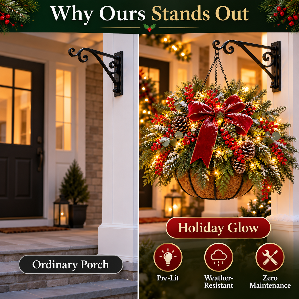 Christmas porch before and after hanging basket