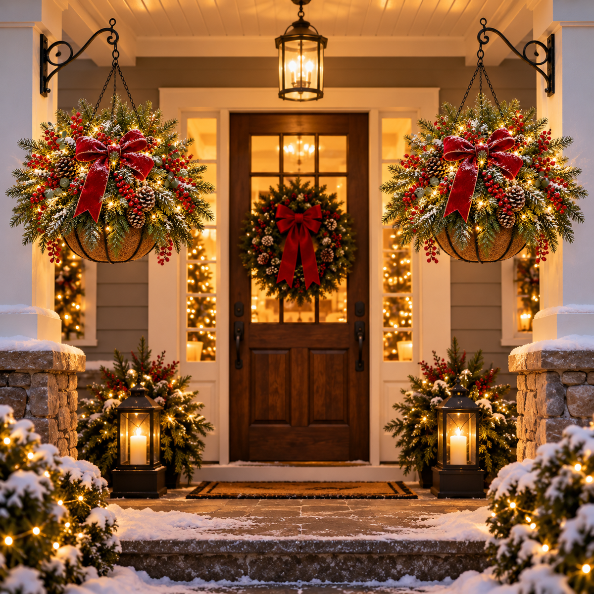 Classic Christmas Glow Hanging Baskets on front porch