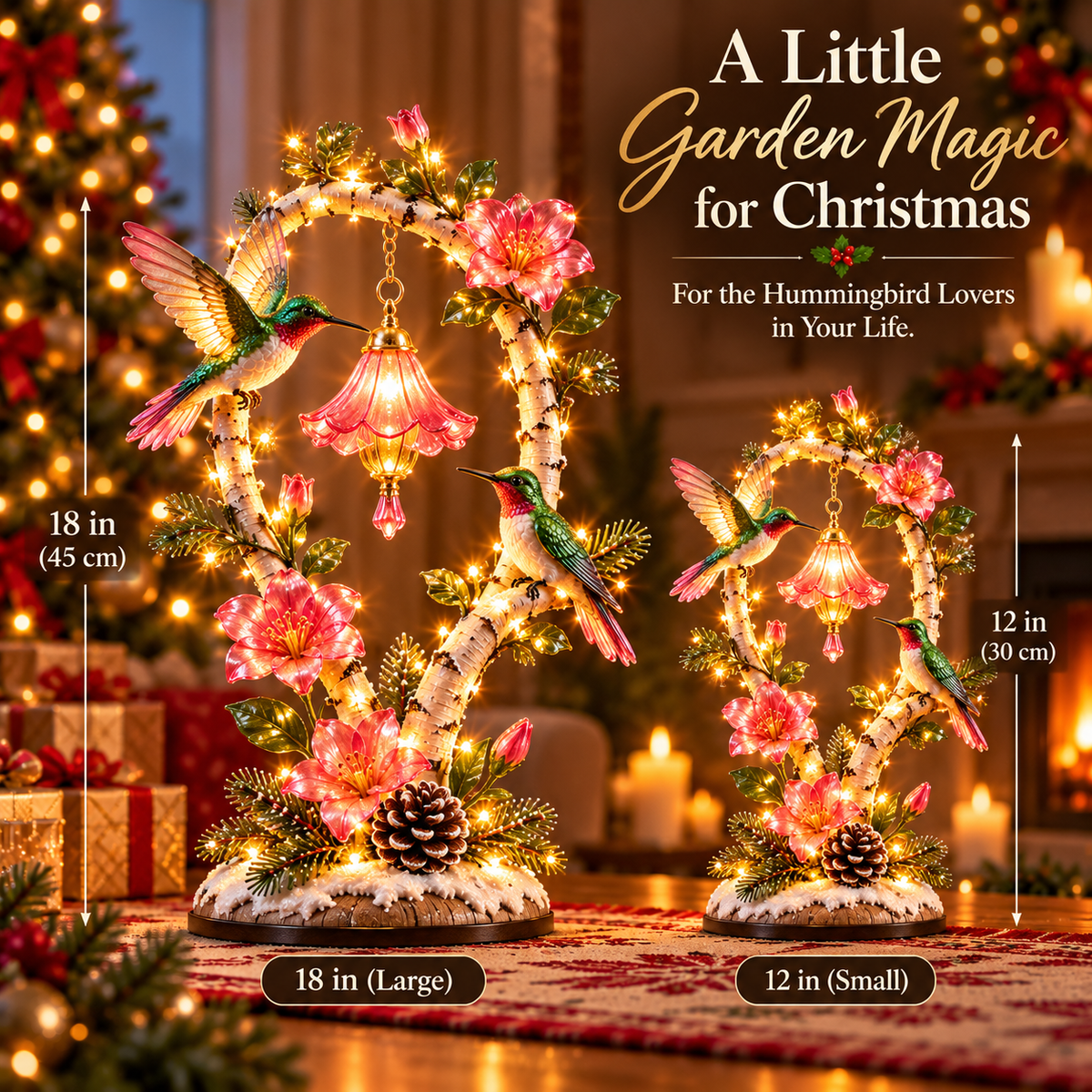 Hummingbird Garden Glow Tree size comparison showing 12-inch and 18-inch versions