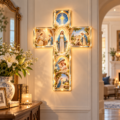 ✨ The Story of Mary in 6 Scenes™ – Illuminated Virgin Mary Cross Decor