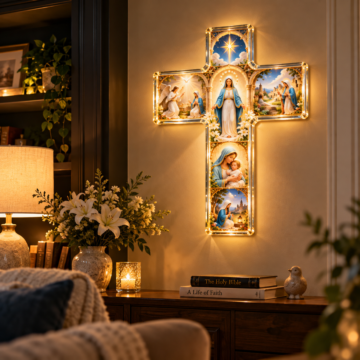 ✨ The Story of Mary in 6 Scenes™ – Illuminated Virgin Mary Cross Decor
