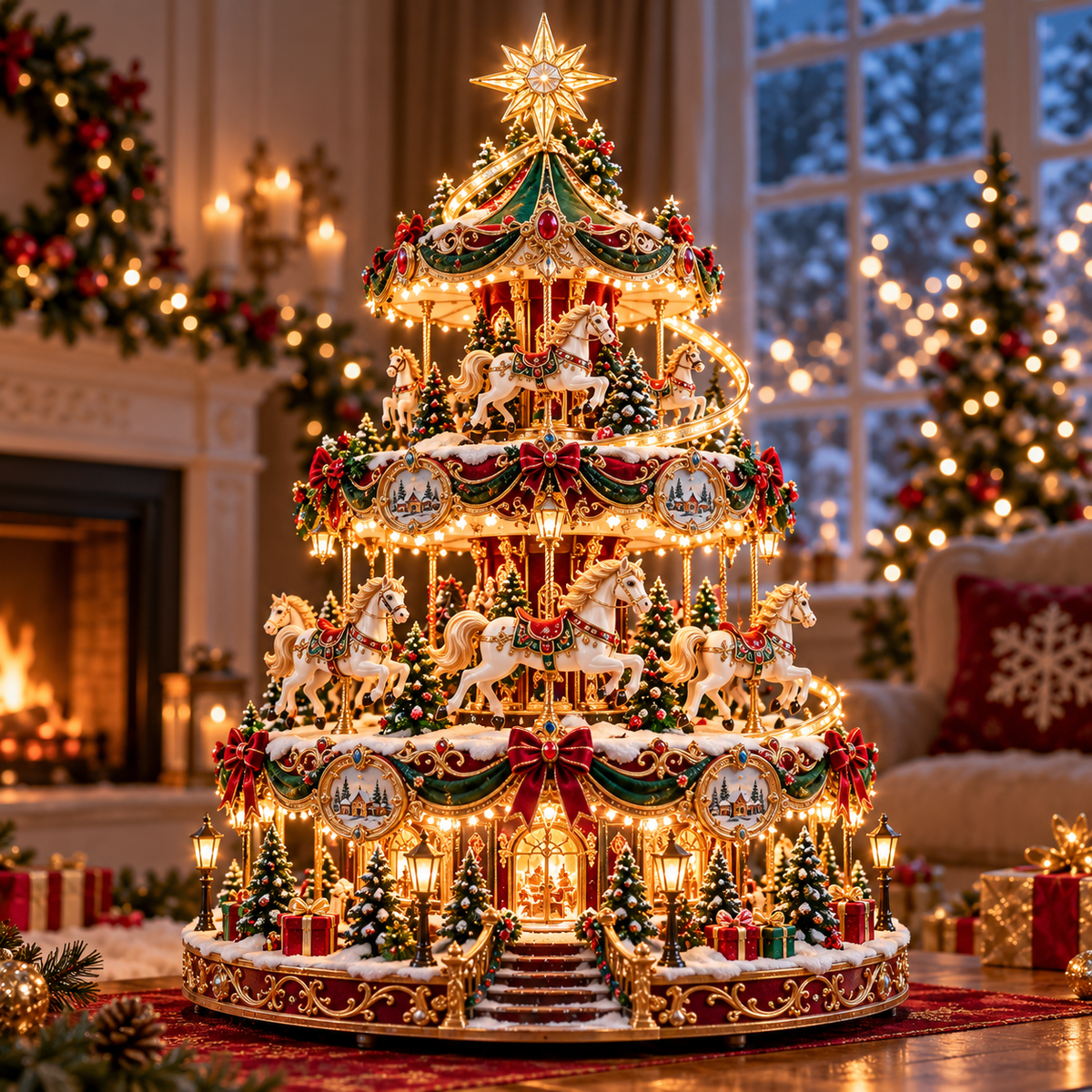 Three-tier Christmas carousel tree with white horses, festive ornaments and a snowy village base