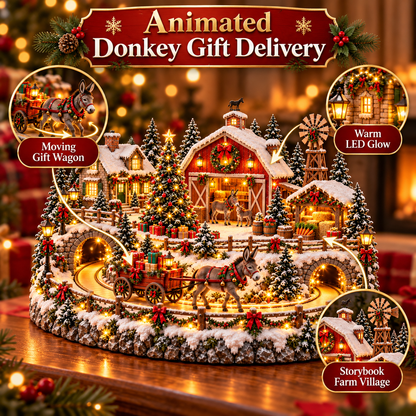 🫏🎄 Christmas Donkey Delivery Village™ – Lighted Holiday Farm Scene with Donkey & Christmas Gift Wagon
