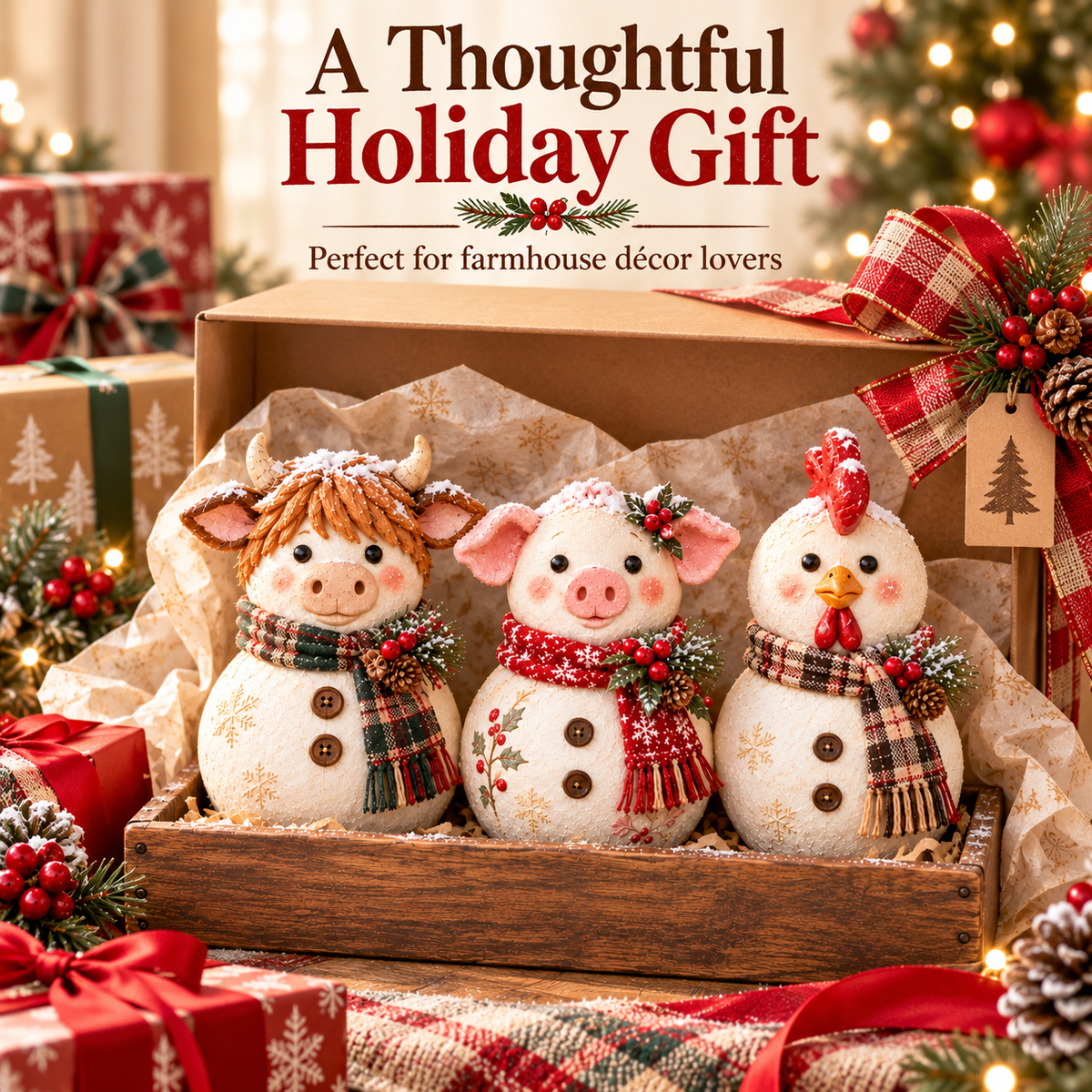 Farm Animal Snowman Trio styled as a country Christmas holiday gift