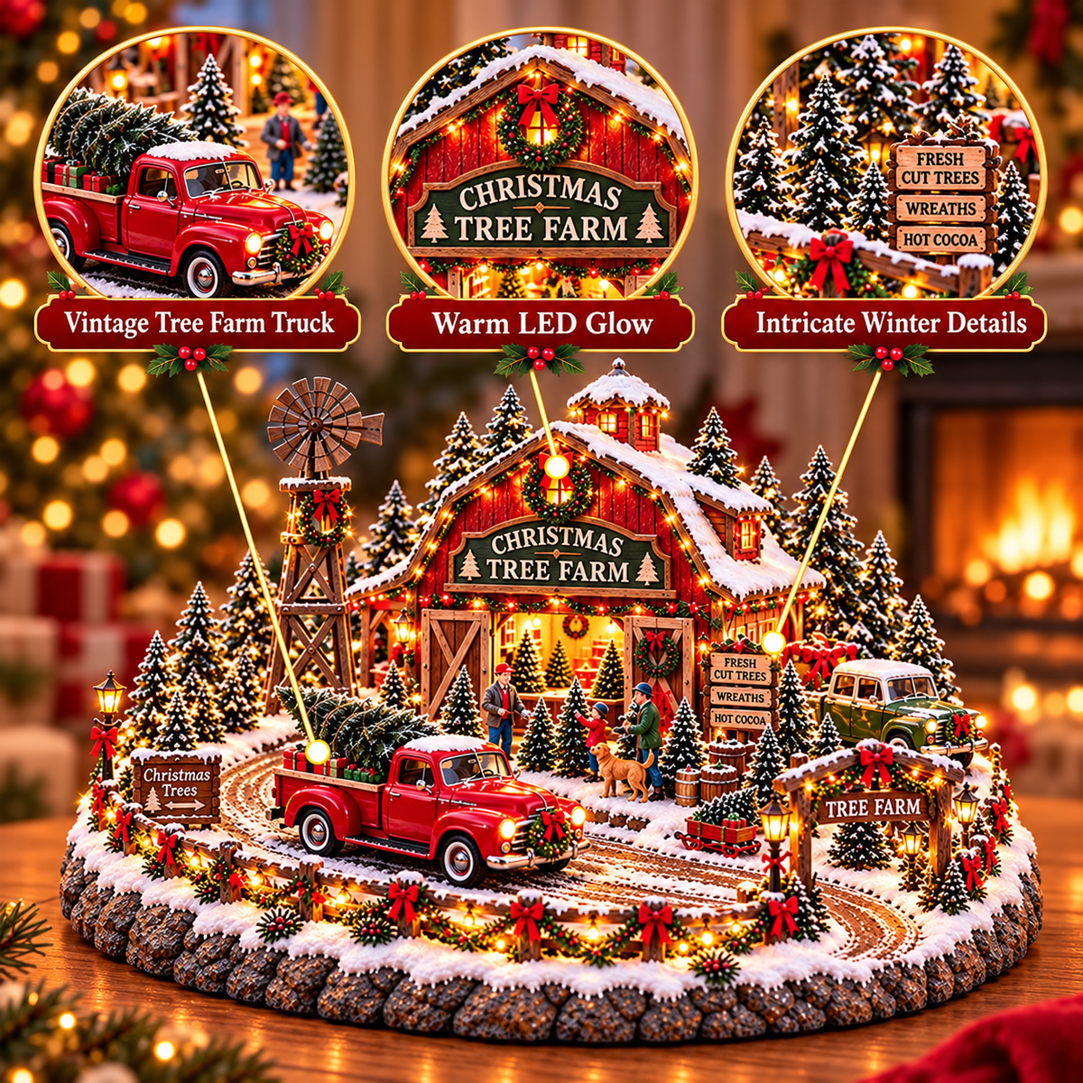 Vintage pickup Christmas Tree Farm features