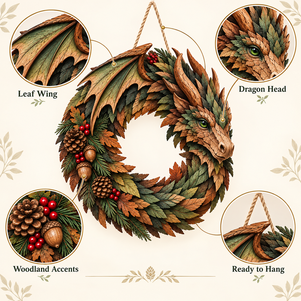 Woodland Dragon Wreath detail view