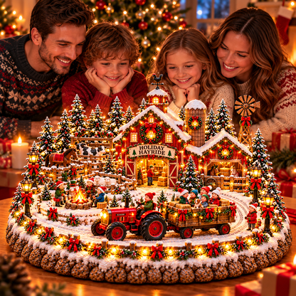 🚜🎄 Christmas Holiday Hayride Village™ – Lighted Christmas Farm Scene with Moving Tractor, Family Hayride & Red Barn
