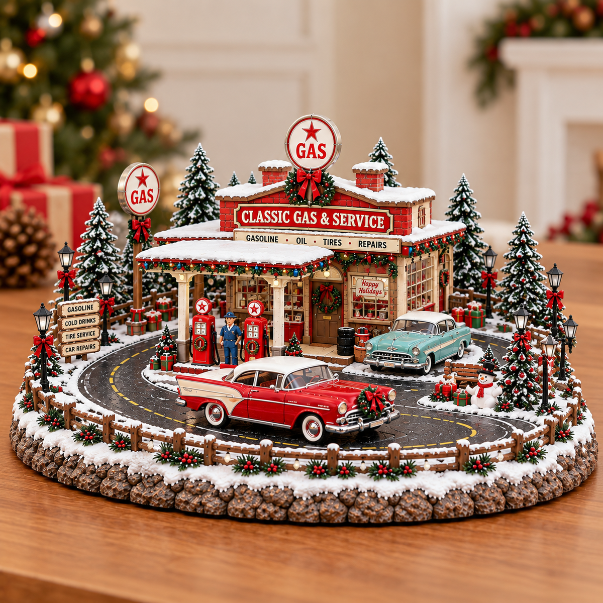 🚗🎄 Christmas Classic Gas Station Village™ – Lighted Vintage American Gas Station with Classic Cars