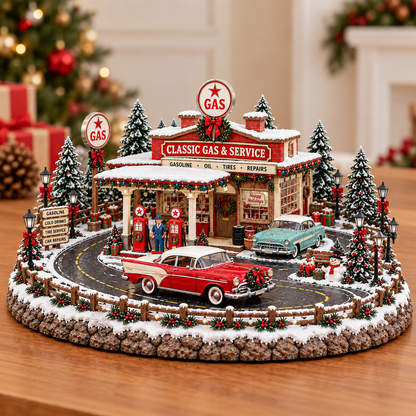 🚗🎄 Christmas Classic Gas Station Village™ – Lighted Vintage American Gas Station with Classic Cars