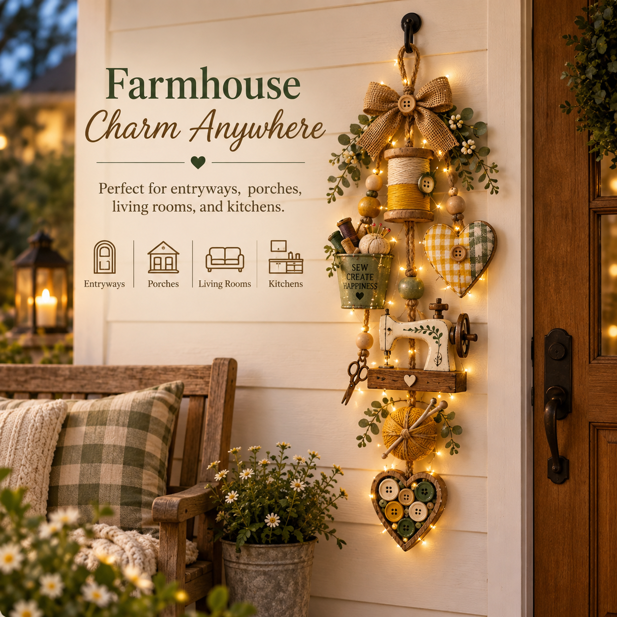 Rustic sewing themed hanging ornament with warm fairy lights