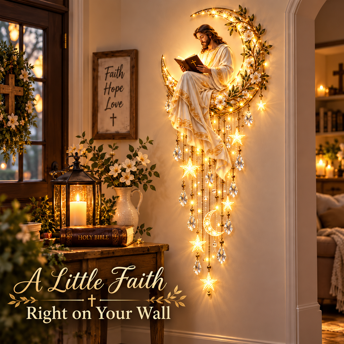 Jesus Scripture Moon Wall Light glowing beside Bible and lantern