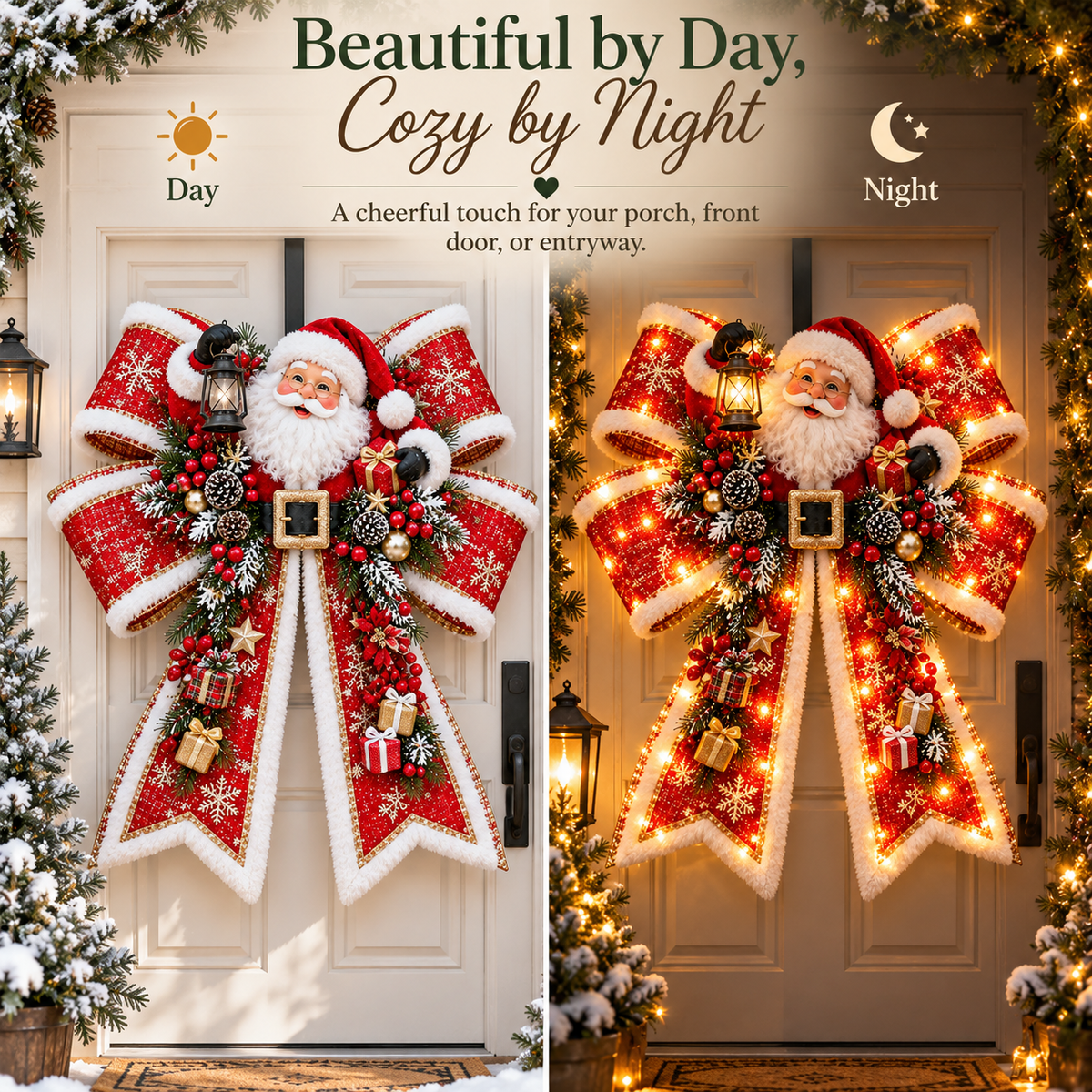 Christmas Magic Bow daytime and nighttime comparison
