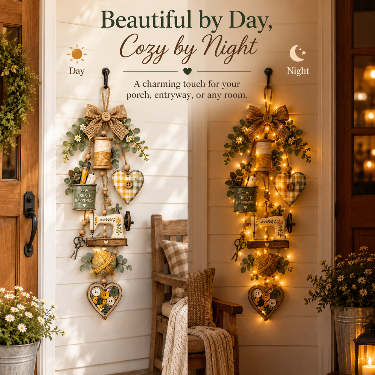 🧵✨ Rustic Wooden Sewing - Themed Hanging Ornament with Remote Control Fairy Lights