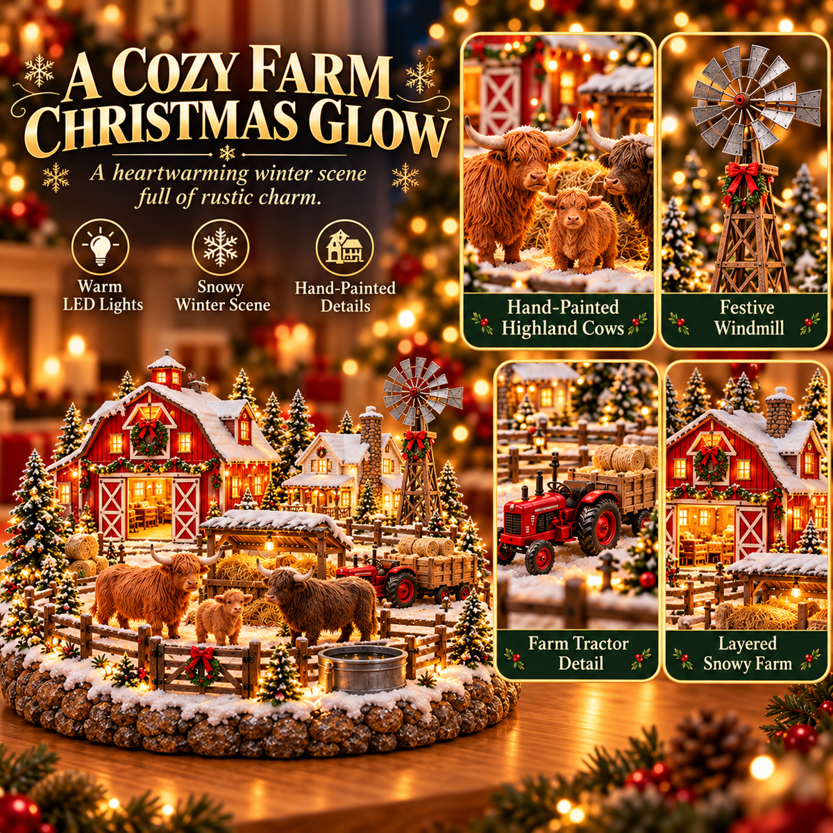 🐮🎄 Highland Cow Christmas Farm Village – Lighted Country Holiday Scene