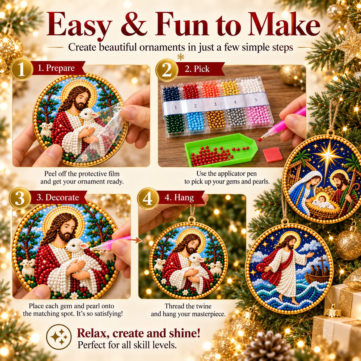 Four easy steps for making Christian diamond painting ornaments